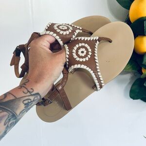 Jack Rogers Macie leather sandals brown with cream stitching ankle closure